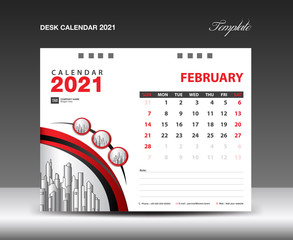 2021 Calendar design. February 2021 template. Desk calender page. week starts on sunday. planner. simple. business printing. advertiement.
