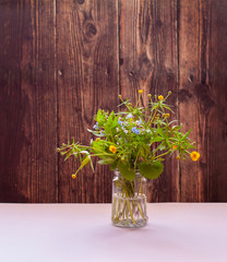 Vase with the first spring flowers forget-me-nots in a transparent vase on a pink table against the background of a wooden wall