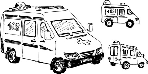 ambulance doodle drawing, ink vector illustration, black and white
