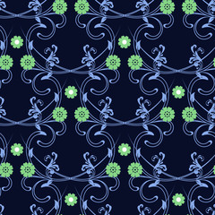 Seamless spring pattern with plant and flowers, workpiece for your design. Flowers elements and motifs. Decor for textile and print design. Vector.