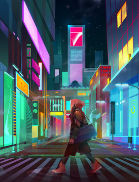 painted urban neon landscape of the future with man at night