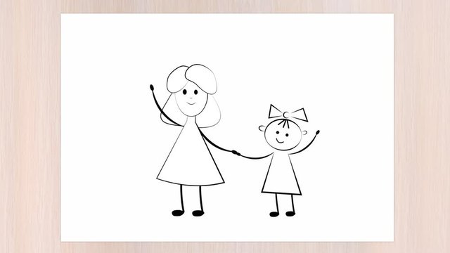 Hand draws on paper a girl and mom. Mother's Day. International Children's Day. Animation. Stop motion. Cartoon. 2D