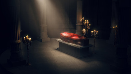 closed wood coffin with candles in a dark crypt / 3D rendering, illustration - obrazy, fototapety, plakaty