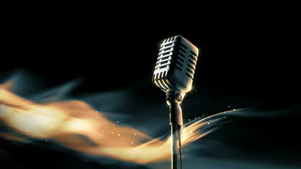 Rolgordijnen vintage microphone on a dark background. 3D rendering © fergregory