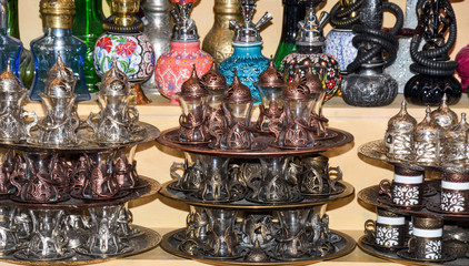 Local traditional handicraft tea and coffee pots and cups (Turkish style).