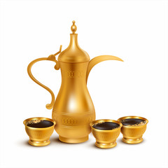 Traditional Arabic coffee pot (dallah) with cups isolated on white. Vector illustration.