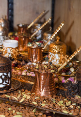 Various types or many colorful assortment of Turkish delights rolls. Lokum, specific Turkey dessert