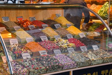 Assorted tea and spices specialties in Istanbul Turkey, Grand Bazaar