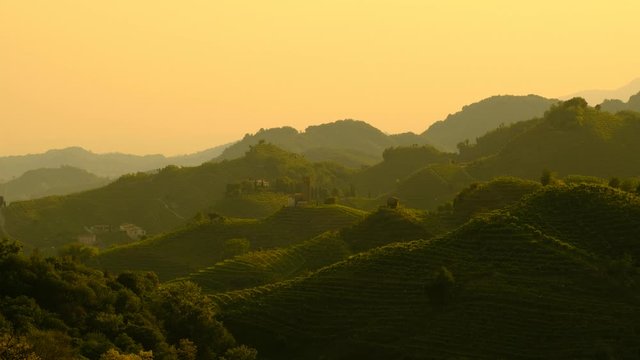 View of the green Prosecco wine hill with the small Saint Lorenz church, Chiesetta di San Lorenzo, Farra di Soligo - Conegliano Valdobbiadene - Strada del Prosecco - Prosecco road