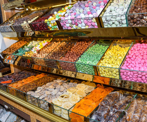 Delicious tasty turkish delight (sweets) and dried fruits at Grand bazaar, Istanbul, Turkey