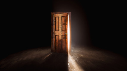 3D rendering of an open door with a bright light behind it - 347296149