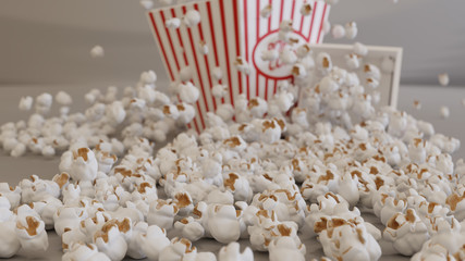 Striped box with popcorn on gray background isolated 3D illustration.