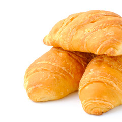 Closeup France croissant bread isolated on white background, top view of healthy bakery 