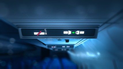 no smoking and fasten seatbelts signs inside an airplane, 3D rendering