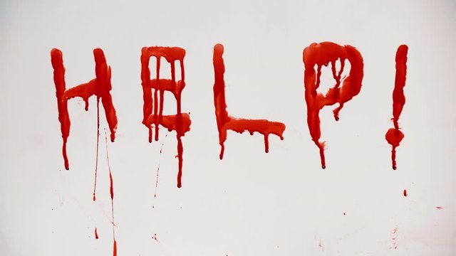 Word help written in blood on glass. Blood streams dripping down on white background. Bloody red drops flow down surface