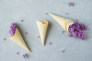 three waffle cones for ice cream are filled with lilac flowers on a gray background, spring minimalism