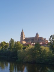 Fototapeta na wymiar Vista de la Catedral de Salamanca desde el río Tormes. View of the cathedral of Salamanca from the river Tormes