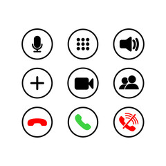 Mobile call buttons icons set flat. Phone, sound, microphone, camera, call symbols on isolated white background for applications, web, app. Set of communication icons. EPS 10 vector