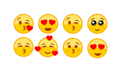 Love emoji icon set. Emoji with red hearts on isolated white background. EPS 10 vector