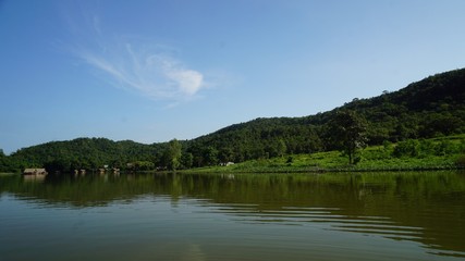 Fototapeta na wymiar Scenic Shot Of Calm Countryside Lake Against Blue Sky