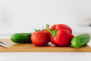 Close up of bell pepper, tomatoes and cucumbers, fresh and organic