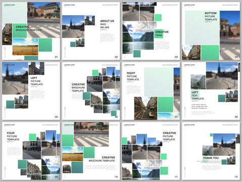 Brochure layout of square format covers design templates for square flyer leaflet, brochure design, report, presentation. Geometric green color abstract background with photos, consisting of squares.