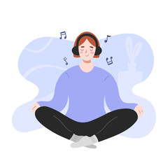 Woman doing yoga, listening to music at home, female character in wireless headphones in lotus position, calm peaceful mood, indoors activities, meditation concept, vector cartoon illustration