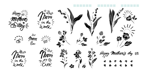 Fototapeta na wymiar Mothers day hand lettering calligraphy tatoo flower set, greeting card, black text, word, doodle, icon. Linocut, tatoo style. Handwritten modern brush lettering white background isolated vector