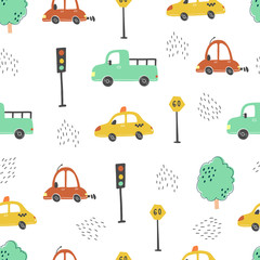 Seamless pattern of childish cartoon town, city map with road and cars for fabric, wallpaper, background design. Cute baby, child vector illustration.