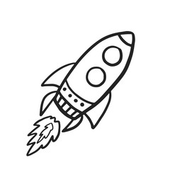 Rocket Spaceship. Vector doodle spaceship in doodle style. Flying rocket on white background