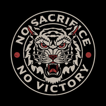 Wild Tiger Head Illustration with No Sacrifice No Victory Slogans Vector Artwork for Apparel and Other Uses