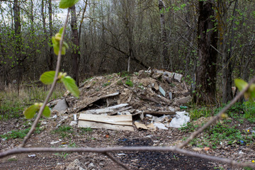 Garbage dump in the forest near the road. View through branches and leaves