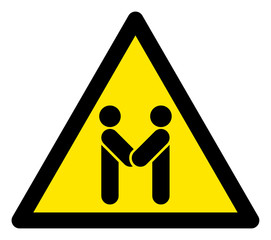 Vector business handshake flat warning sign. Triangle icon uses black and yellow colors. Symbol style is a flat business handshake hazard sign on a white background.