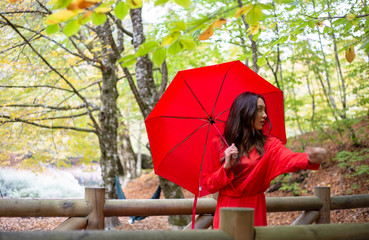 woman, a young lady, with a red dress in a mystical forest. 