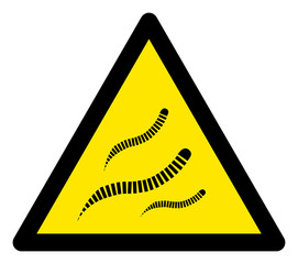 Vector helminth worms flat warning sign. Triangle icon uses black and yellow colors. Symbol style is a flat helminth worms attention sign on a white background. Icons designed for caution signals,