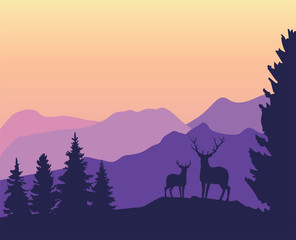 Vector Mountains Background with Deer