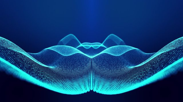 Sci-fi abstract theme with particle waves. 4k looped abstract blue background of glow particles form curved lines, surfaces simmetrical structures. Digital background with particle hologram.