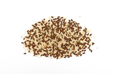 Organic Linseed or Flaxseed (Linum usitatissimum)  and sesame isolated on white background.
