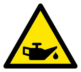 Vector machine oil flat warning sign. Triangle icon uses black and yellow colors. Symbol style is a flat machine oil hazard sign on a white background. Icons designed for notice signals, road signs,