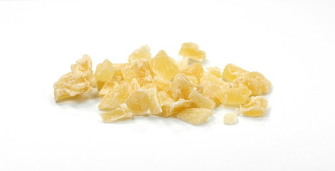 Dried dehydrated pineapple. Candied pineapple fruit isolated on white.