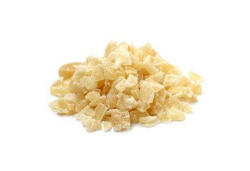 Dried dehydrated pineapple. Candied pineapple fruit isolated on white.