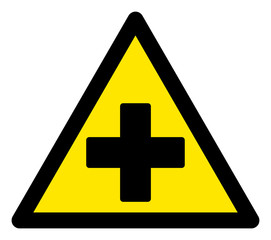 Fototapeta premium Vector medical help flat warning sign. Triangle icon uses black and yellow colors. Symbol style is a flat medical help hazard sign on a white background. Icons designed for caution signals,