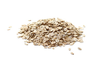 Rye oat flakes isolated on white , macro close up