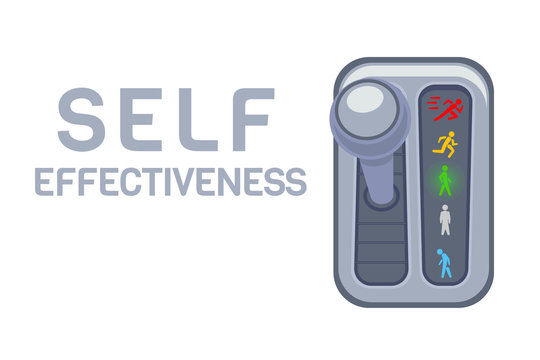 Self Effectiveness Level Gear Box Over White Background, Concept Poster To Illustrate Personal Speed And Willpower. Modern Cartoon Illustration With Gearbox And Individual Start Symbols