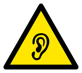Vector ear flat warning sign. Triangle icon uses black and yellow colors. Symbol style is a flat ear attention sign on a white background. Icons designed for problem signals, road signs,