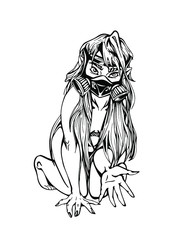 Naked girl in a respirator. Vector black illustration of a sitting girl wearing a medical mask to protect from Coronavirus.