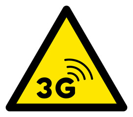 Vector 3G network flat warning sign. Triangle icon uses black and yellow colors. Symbol style is a flat 3G network hazard sign on a white background. Icons designed for caution signals, road signs,