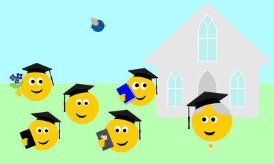 Graduation of emoji students outside. Youth concept of education.