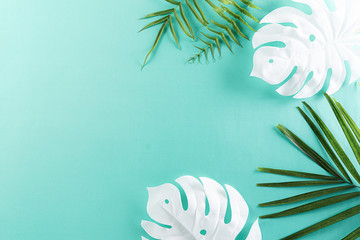 Summer tropical colorful background with palm and monstera leaves. Minimal fashion with a space for  text summer concept. Flat lay.