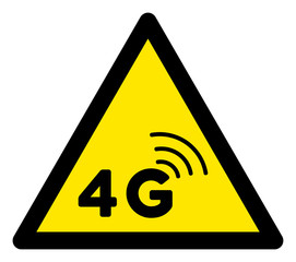 Vector 4G network flat warning sign. Triangle icon uses black and yellow colors. Symbol style is a flat 4G network hazard sign on a white background. Icons designed for caution signals, road signs,